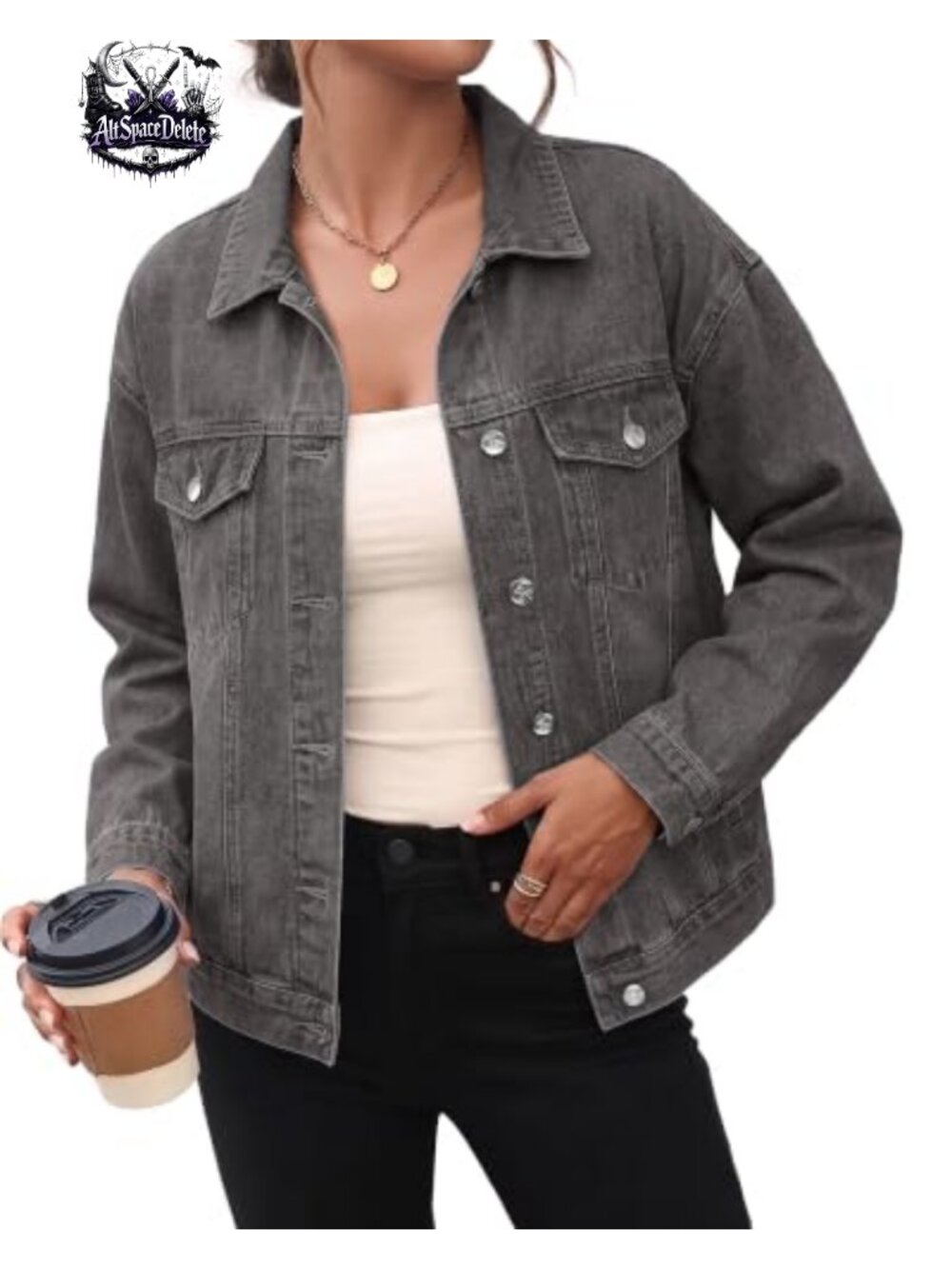 Oversized Button Down Denim Jacket Collared Chest Pockets Casual Western